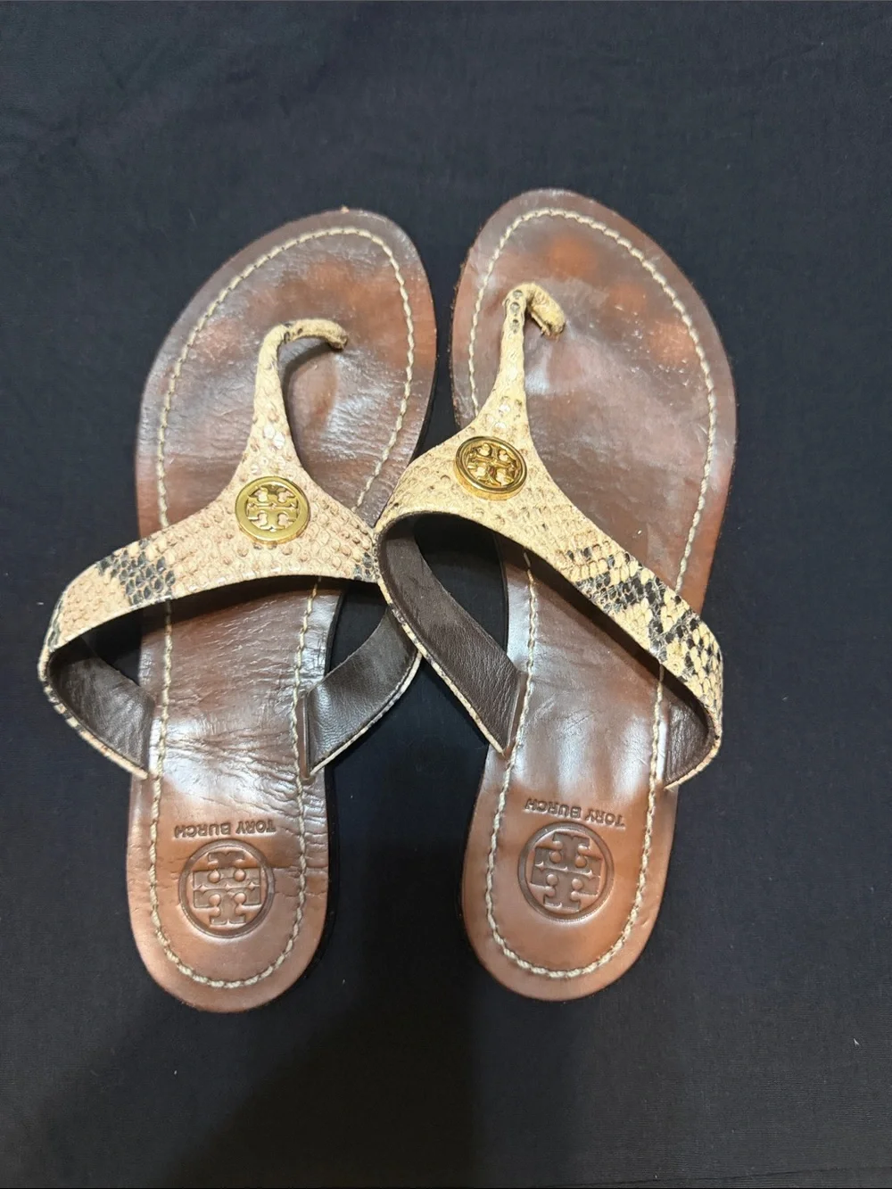 Tory Burch Brown Snakeskin-Pattern Thong Sandals with Gold Logo